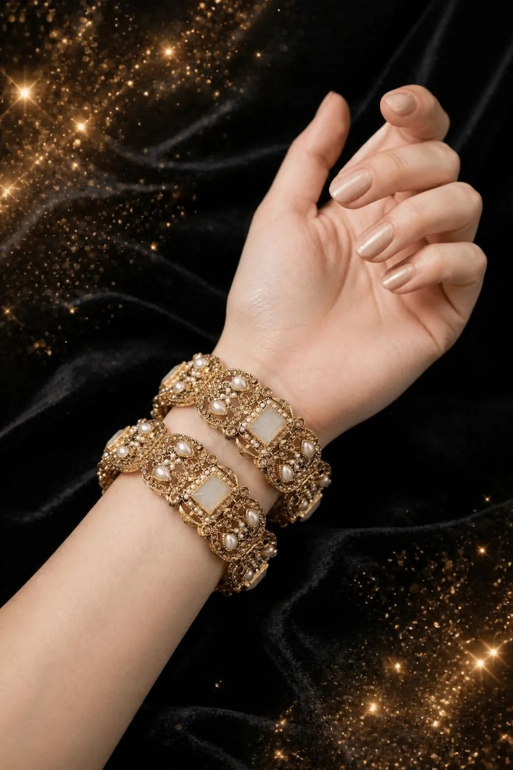 Antique Gold Pearl Bangles - Pair - Antique Gold