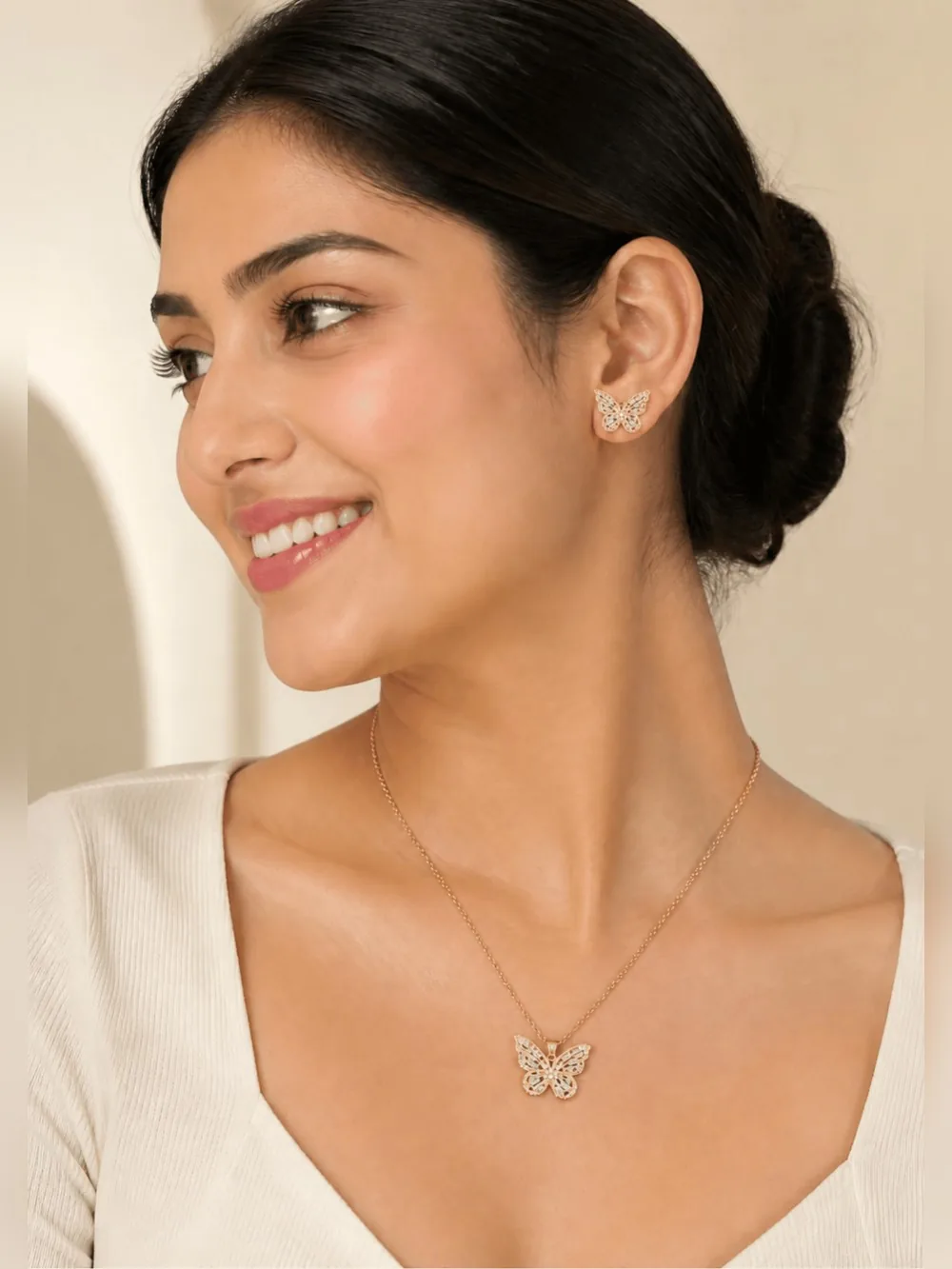 Butterfly Pendant Necklace and Stud Earrings Set