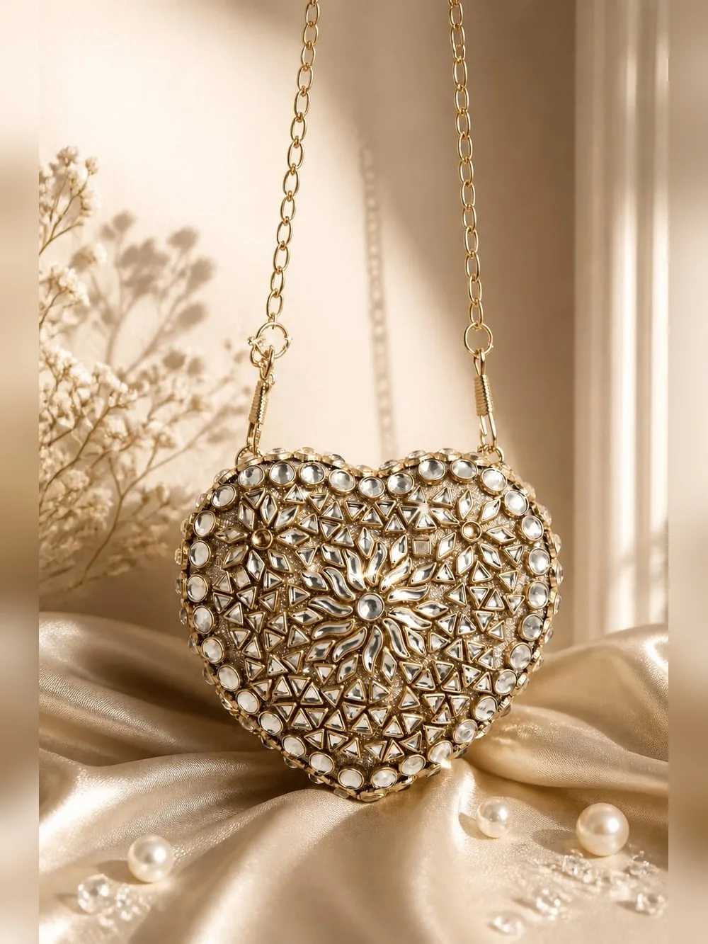 Heart Crystal Clutch Bag with Chain - Gold