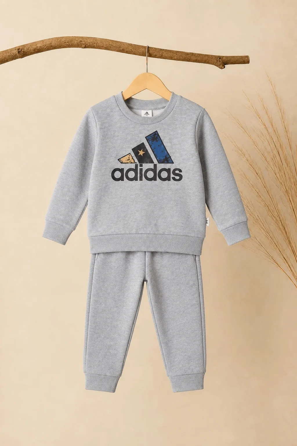 Kids Fleece Tracksuit Set - Star Graphic Sweatshirt & Jogger (1-5 Years) - Grey