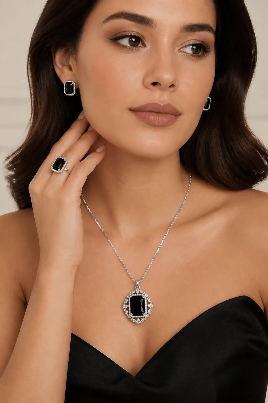 Octagon Crystal Jewellery Set - Ring, Earrings and Pendant - Black