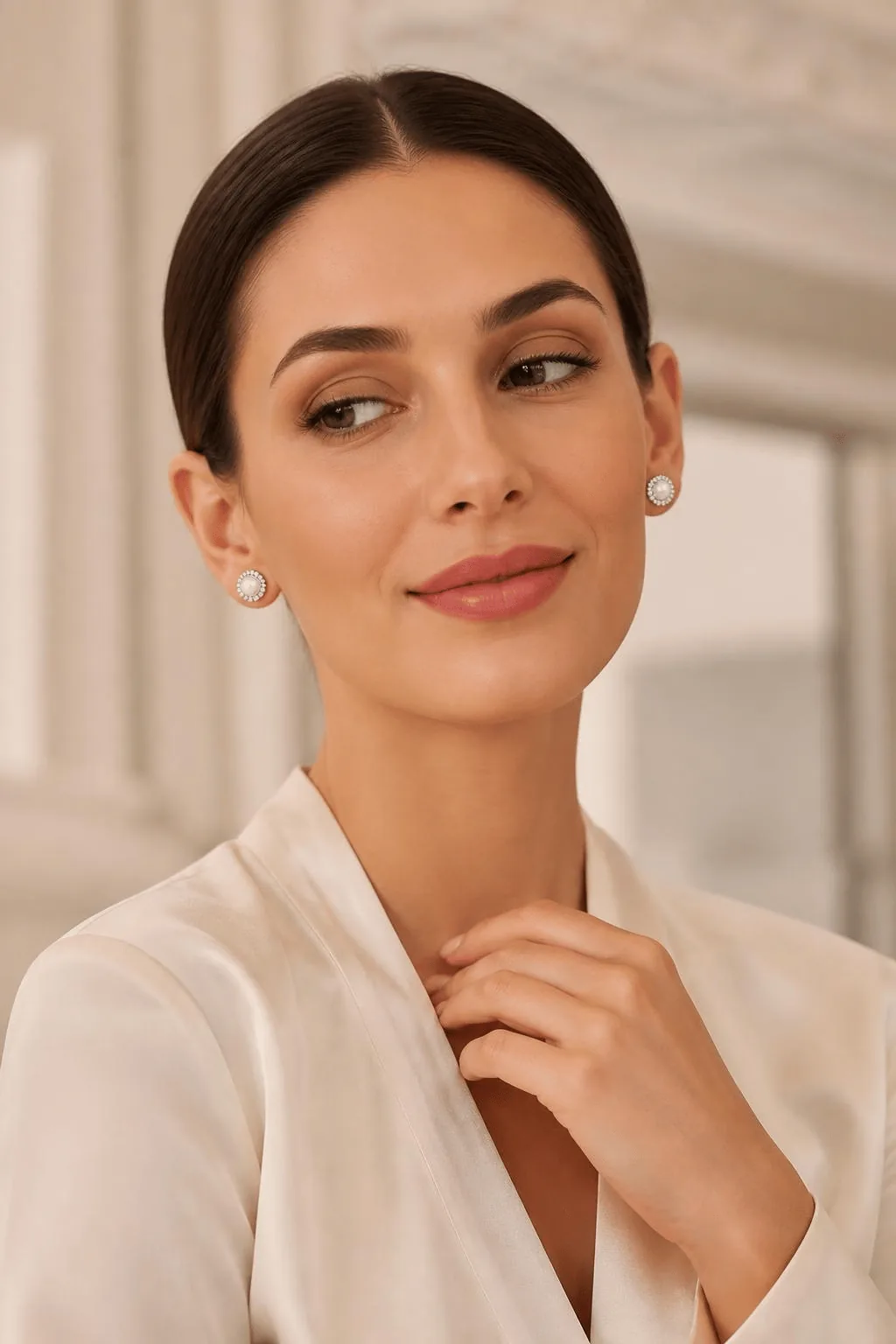 Round Pearl Halo Stud Earrings - Pearl and Silver