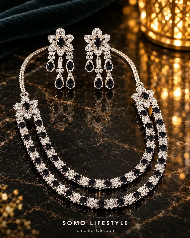 Black Crystal Two-Layer Necklace and Earrings Set