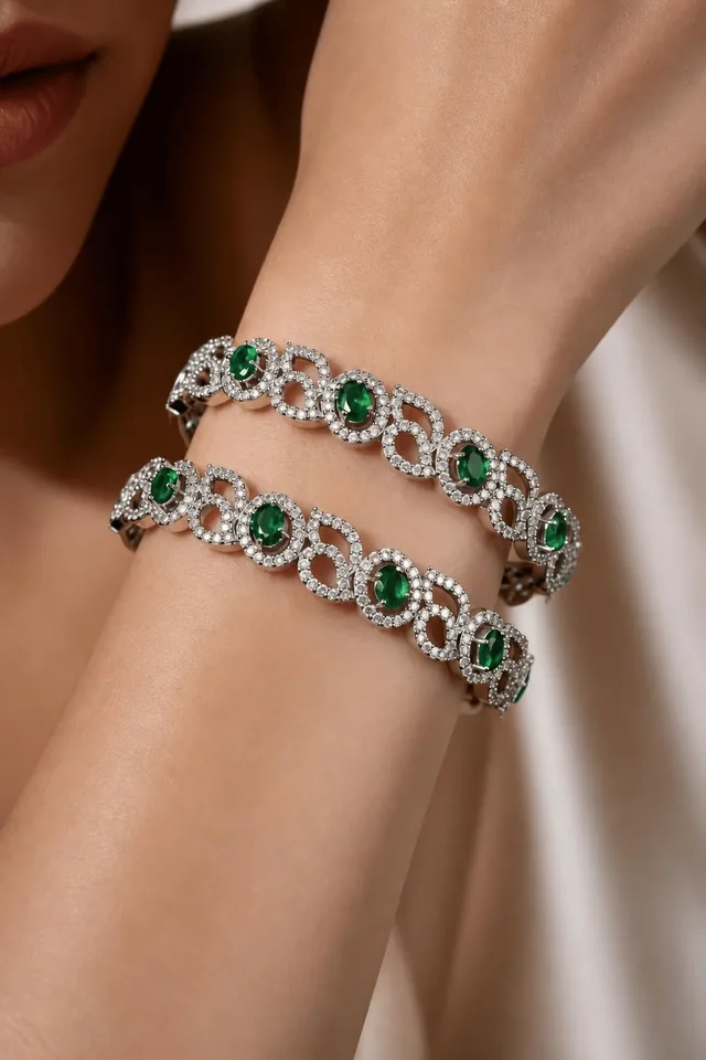 Green Stone Halo Crystal Bracelets - Pair