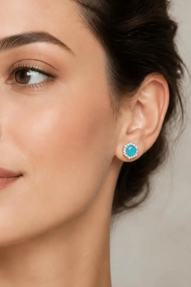 Hexagon Crystal Stud Earrings - Colour Stone - Aqua