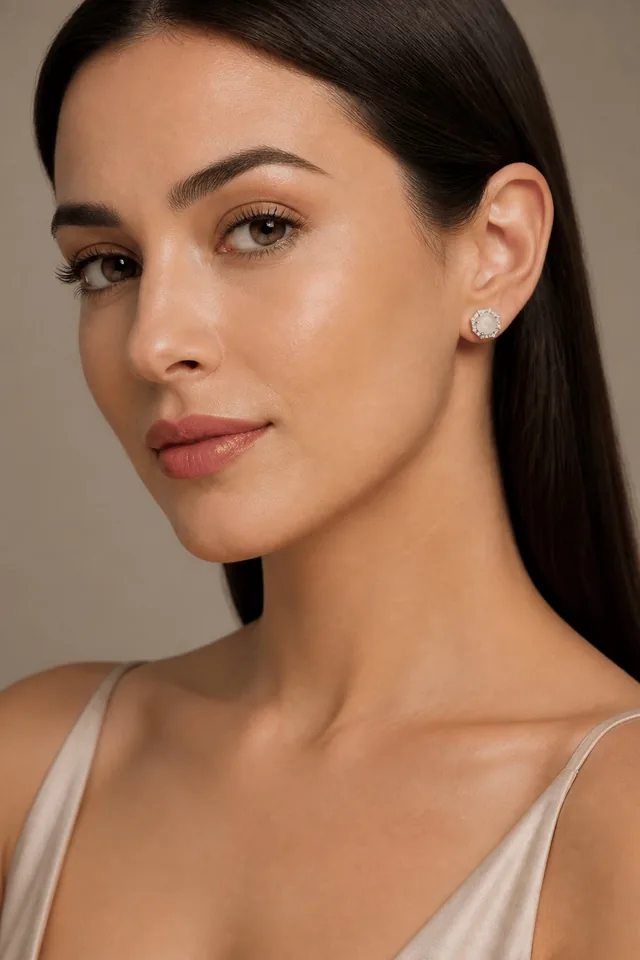 Hexagon Crystal Stud Earrings - Colour Stone - Pink