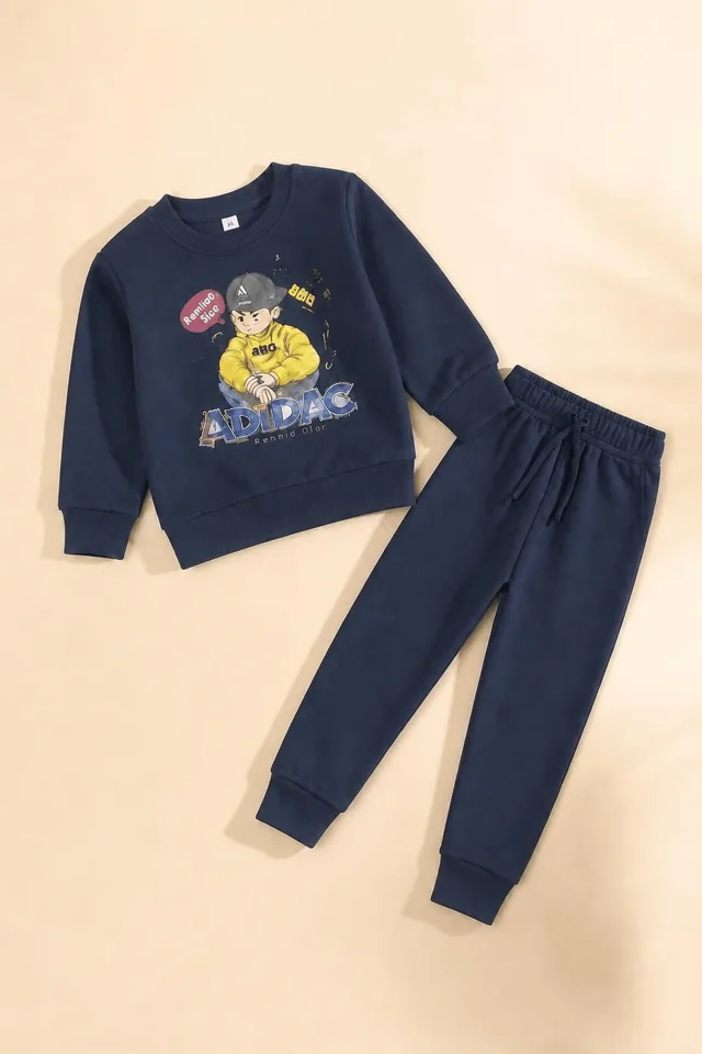Cartoon Boy Print Fleece Tracksuit - Navy