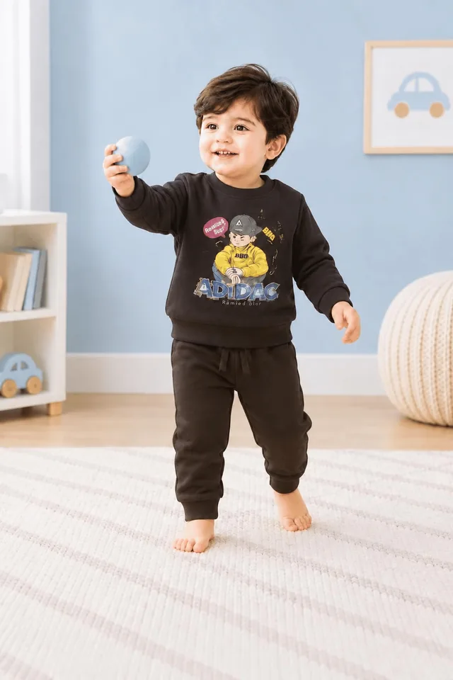 Cartoon Boy Print Fleece Tracksuit - Brown