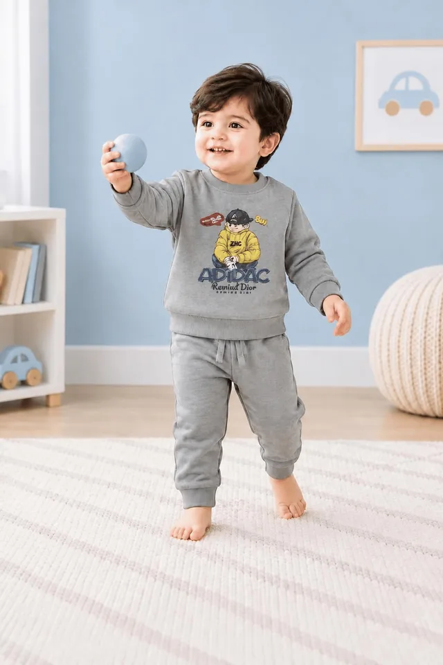 Cartoon Boy Print Fleece Tracksuit - Grey