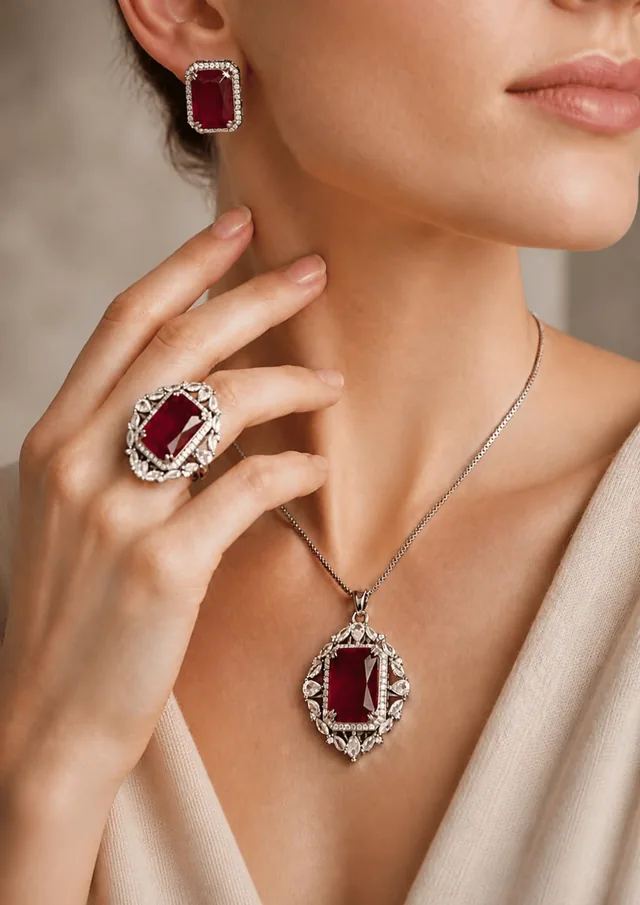 Octagon Crystal Jewellery Set - Ring, Earrings and Pendant - Ruby Red