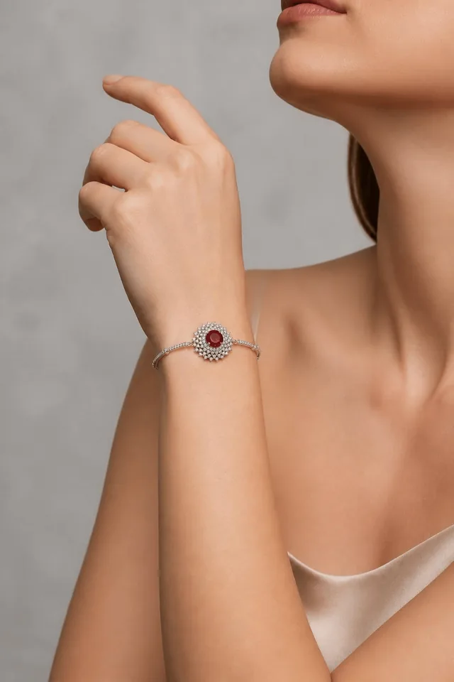 Round Halo Crystal Bracelet - Colour Stone - Red