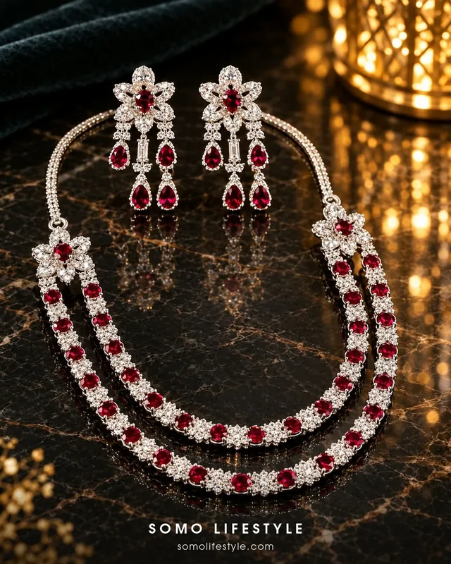 Ruby Red Crystal Two-Layer Necklace and Earrings Set