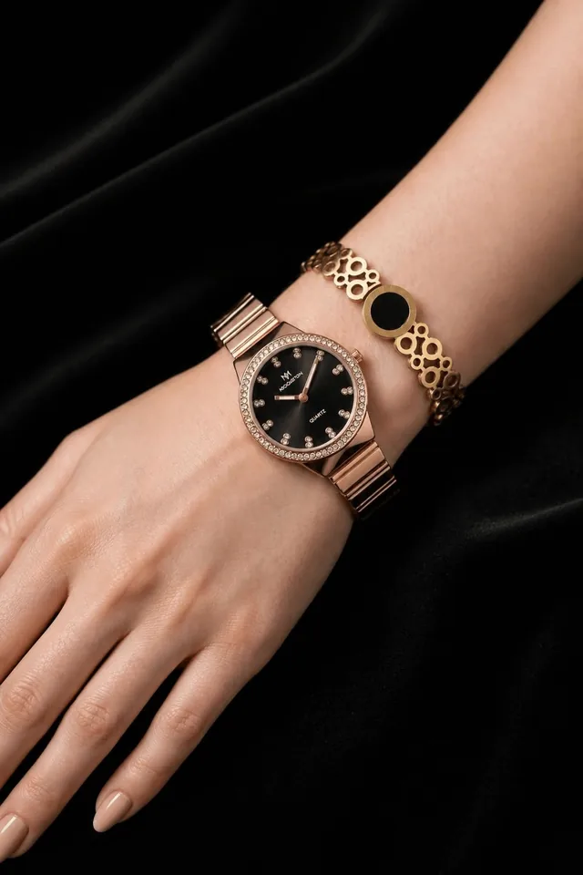 Women's Crystal Bezel Watch with Bracelet - Rose Gold Black Dial